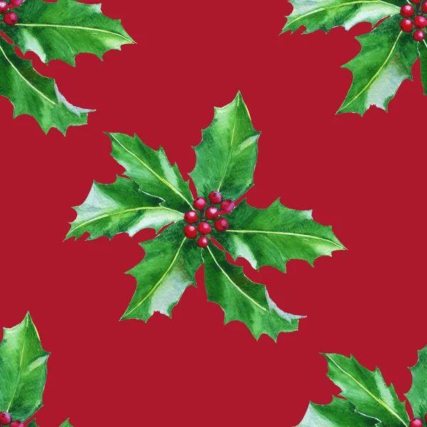 Background with Holly leaves. Seamless pattern. Watercolor. — Stock Photo, Image