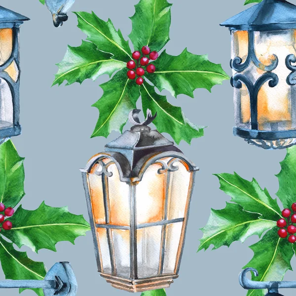 Background Christmas lantern. Seamless pattern. Watercolor illus