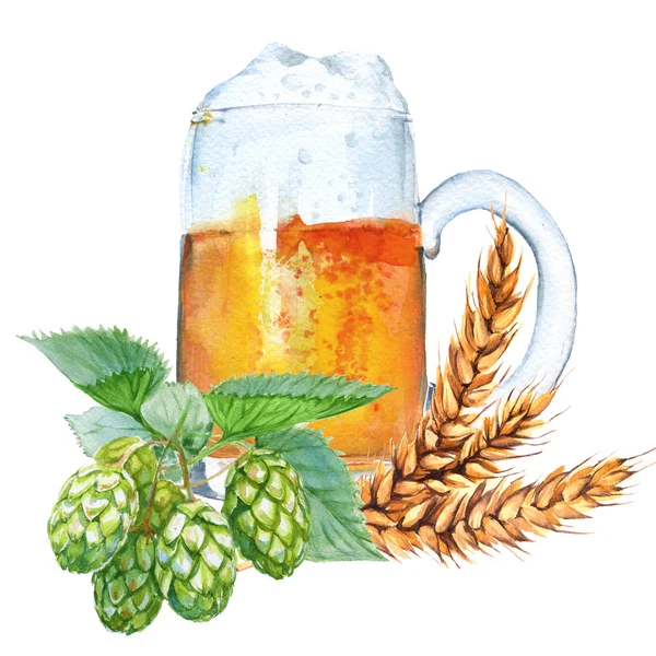 Mok met bier. Geïsoleerd op een witte achtergrond. Aquarel illustratie. — Stockfoto