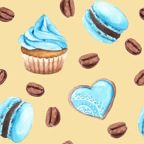 Background cakes and coffee. Seamless pattern. Watercolor illust