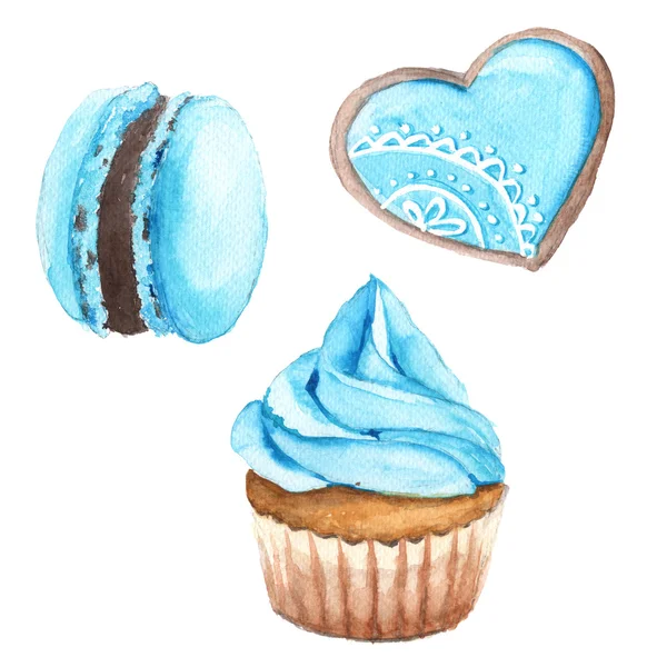 Cake met blauwe crème. Geïsoleerd op een witte achtergrond. Watercolo — Stockfoto