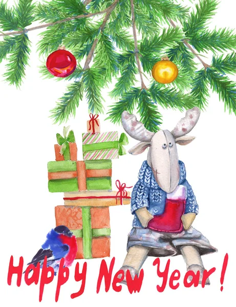 Tarjeta de Navidad. Juguete suave para niños. Ilustración en acuarela . — Foto de Stock