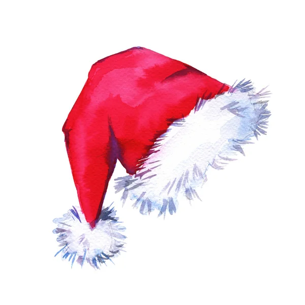 Čepice vánoční Santa Claus. Izolované. Akvarel, ilustrace. — Stock fotografie