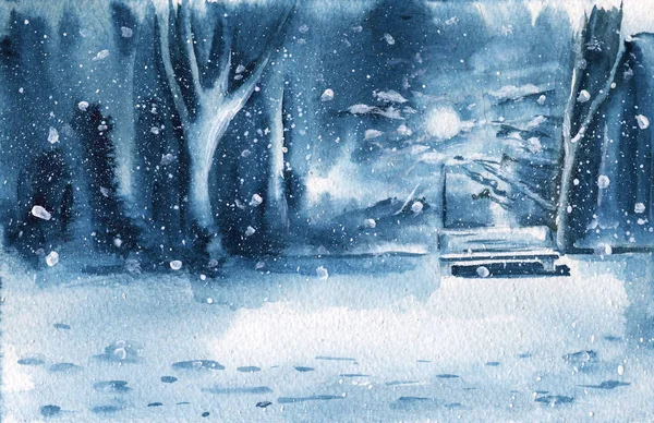 Zimowy krajobraz. Wieczorem Park. Akwarela ilustracja. Z życzeniami. — Zdjęcie stockowe