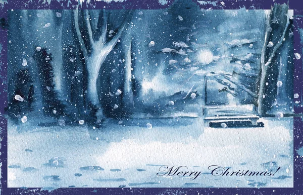 Winter landscape. Evening Park. Watercolor illustration. Greeting card. — Stock Photo, Image