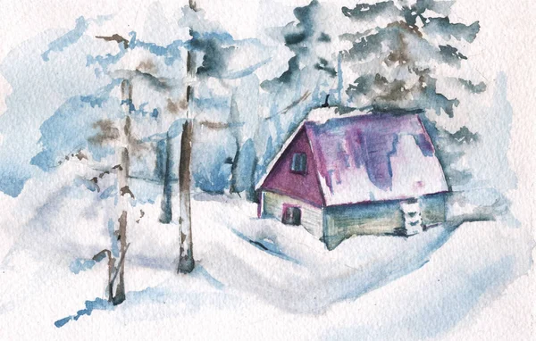 Winter landscape. Forest house. Watercolor illustration. Greeting card.