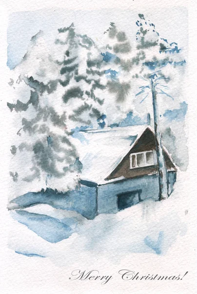 Zimowy krajobraz. Dom w lesie. Akwarela ilustracja. Z życzeniami. — Zdjęcie stockowe