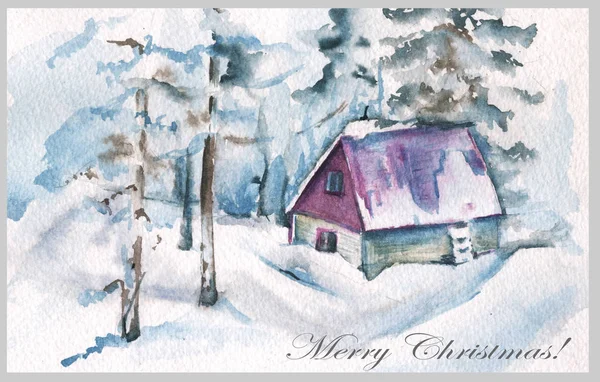 Winter landscape. Forest house. Watercolor illustration. Greeting card.