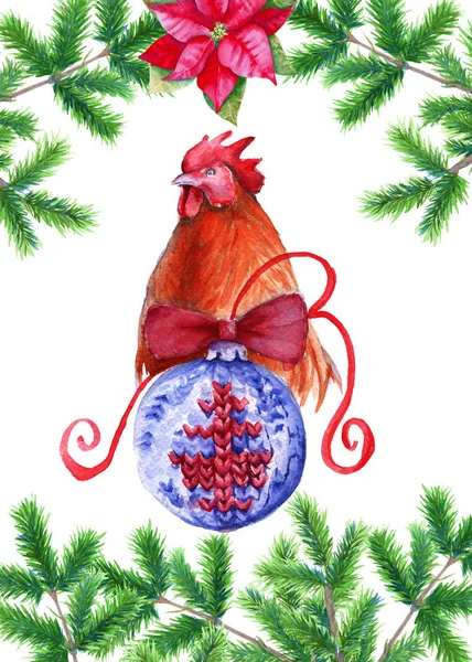 Postal feliz año nuevo. Gallo con bola de Navidad. Fondo acuarela ilustración . —  Fotos de Stock