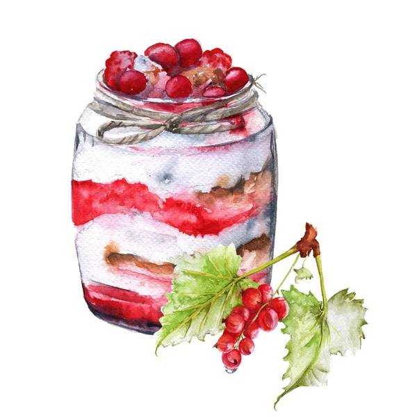 Joghurt bogyós gyümölcsök és a zabpehely. Szigetelt. Akvarell vázlat. — Stock Fotó