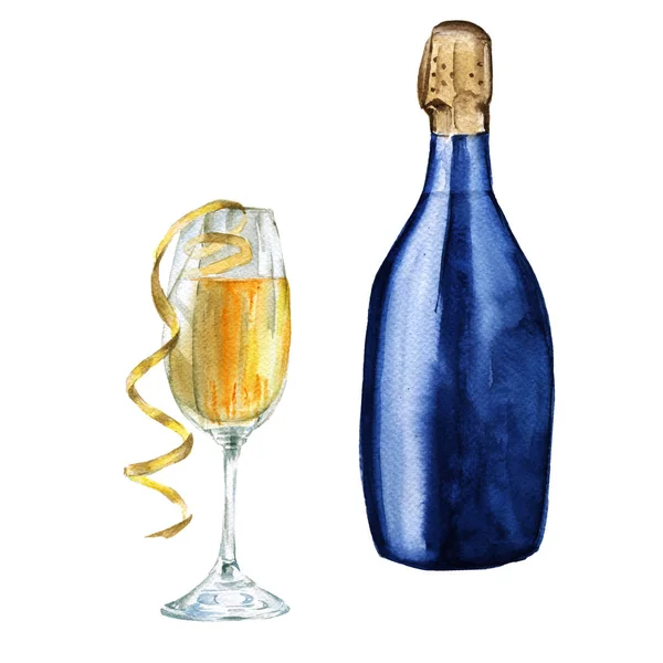 Bottiglia di champagne nel bicchiere. Isolato. Schizzo acquerello . — Foto Stock