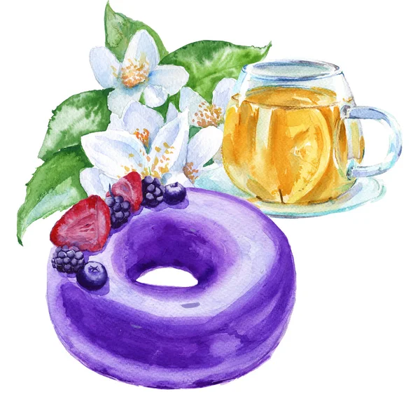 Cake frosting with a Cup of tea. Isolated on a white background. Watercolor sketch.