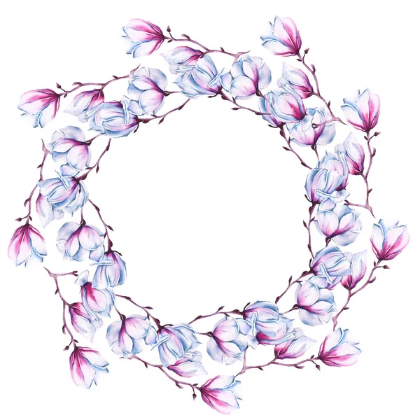 Zweig einer rosa Magnolie. Vereinzelt. Aquarellillustration. — Stockfoto