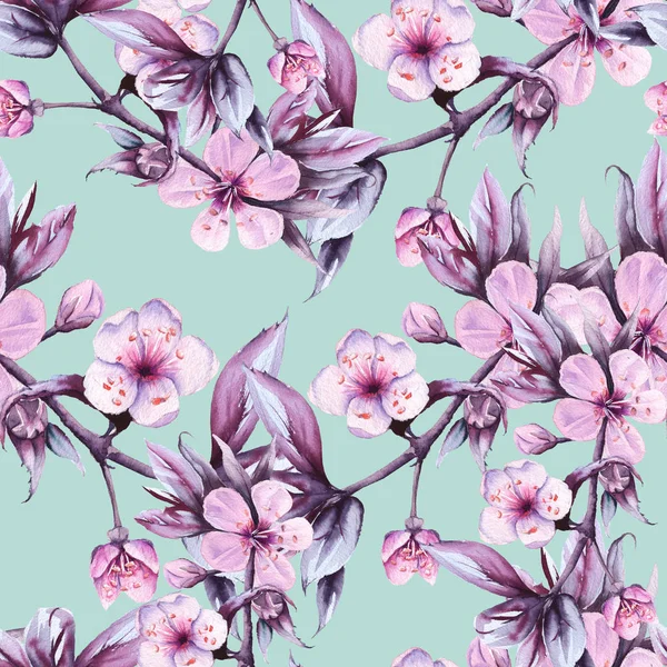 Hintergrund Zweig mit rosa Kirschblüten. nahtloses Muster. Aquarellillustration. — Stockfoto