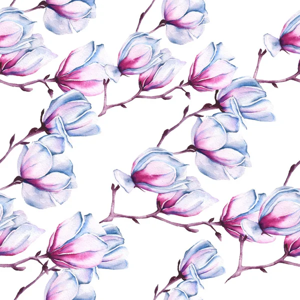 Tło z oddziałem magnolii. Jednolity wzór. akwarela, ilustracja. — Zdjęcie stockowe
