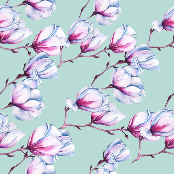 Hintergrund mit einem Zweig rosa Magnolie. nahtloses Muster. Aquarellillustration. — Stockfoto
