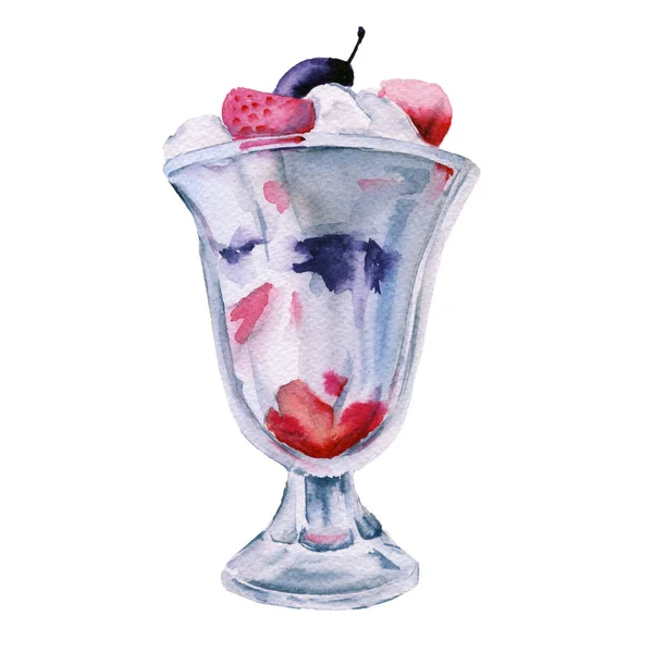 Eis mit Früchten in Dessertschüssel. Vereinzelt. Aquarellillustration. — Stockfoto