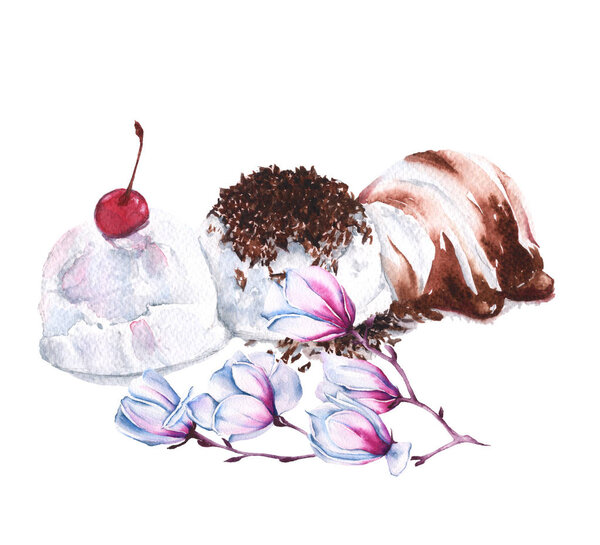 три ложки мороженого с шоколадом и фруктами. изолированы. акварель
.