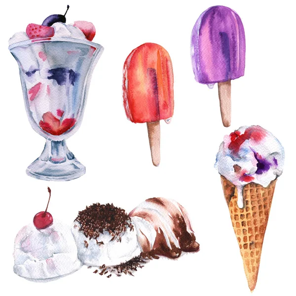 설정된 아이스크림입니다. 흰색 배경에 고립. 수채화 그림. — 스톡 사진