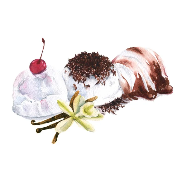 Drie bollen ijs met chocolade en fruit. geïsoleerd. Aquarel illustratie. — Stockfoto