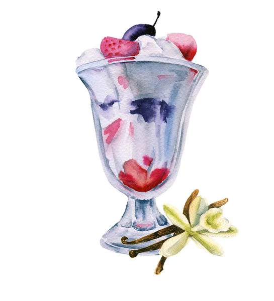 Sorvete com frutas na tigela de sobremesa. isolado. ilustração aquarela . — Fotografia de Stock