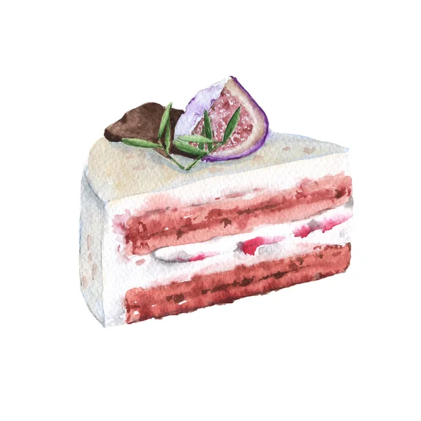 딸기와 초콜릿 케이크 크림 부분입니다. 격리. 수채화 그림. — 스톡 사진