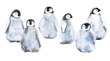 Altı küçük penguenler kümesi. Beyaz arka plan üzerinde izole. Suluboya resim.