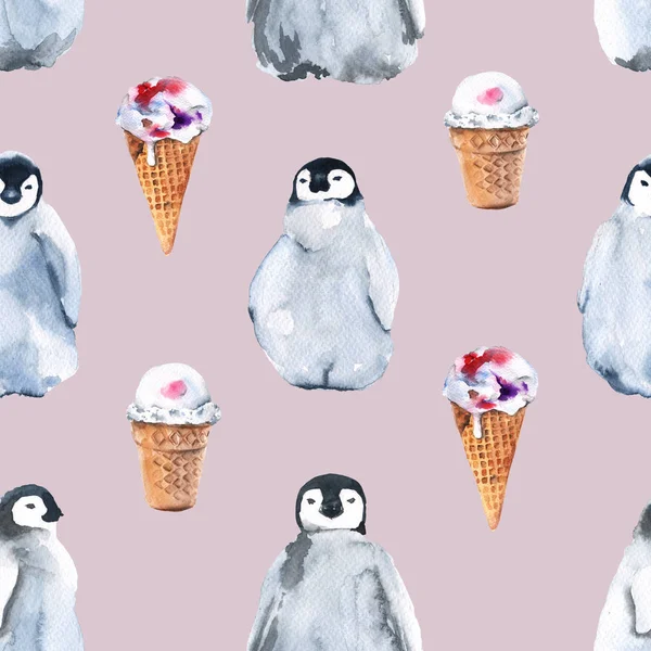 Pinguins de fundo. Padrão sem costura. Ilustração aquarela . — Fotografia de Stock