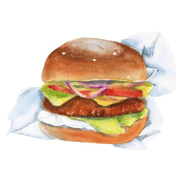 Pirzola ile sandviç. Beyaz arka plan üzerinde izole. Suluboya resim.