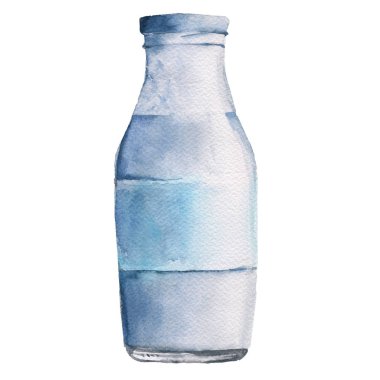 Şişe ve süt. Beyaz arka plan üzerinde izole. Suluboya resim.