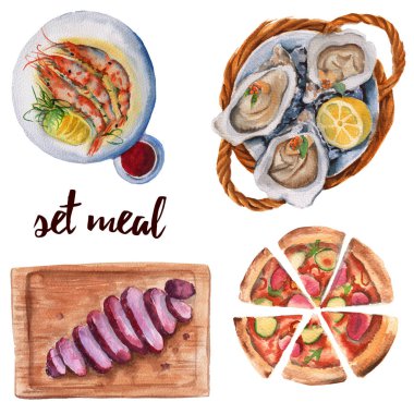 Bir dizi yemek. Pizza, et, karides ve istiridye. Beyaz arka plan üzerinde izole. Suluboya resim.