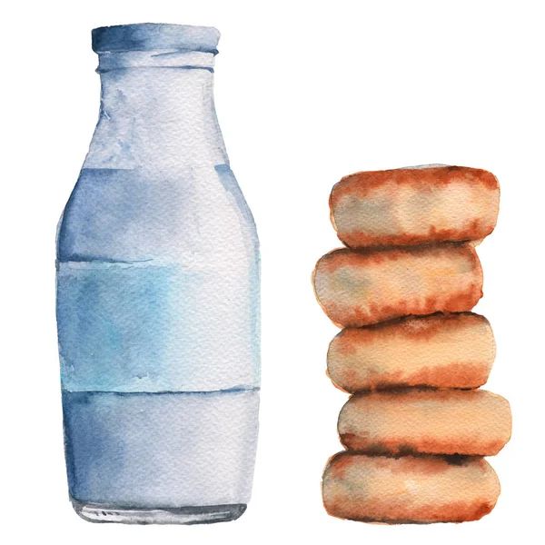 Bottiglia di torte al latte e formaggio. Isolato su sfondo bianco. Illustrazione ad acquerello . — Foto Stock