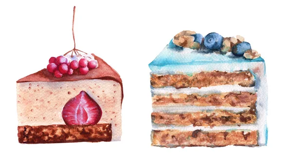 Ställa in en bit av kakan. Isolerade på en vit bakgrund. Akvarell illustration. — Stockfoto