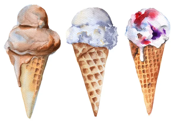 Conjunto de sorvete em um cone. Chocolate, baunilha e frutas . — Fotografia de Stock