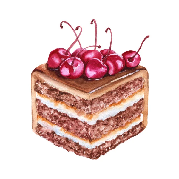 Kawałek ciasto czekoladowe z wiśniami. na białym tle. — Zdjęcie stockowe
