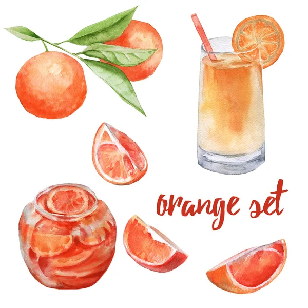 Orange set. juice i glaset, en burk sylt, tre apelsinskivor och frukt på en gren. — Stockfoto