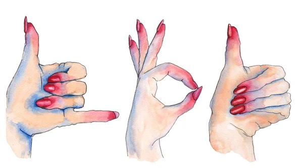 Gebaar met je vingers. Een vrouw de hand. Aquarel illustratie. — Stockfoto