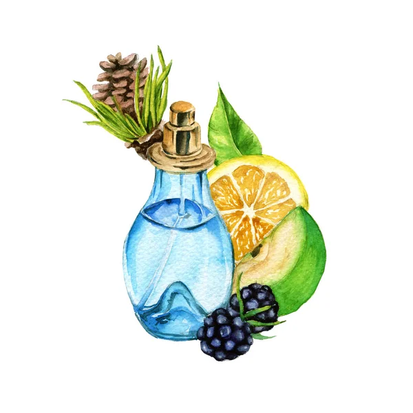 Perfume for women. Aroma of pine needles, lemon, green apple and blackberry. — Stock Photo, Image