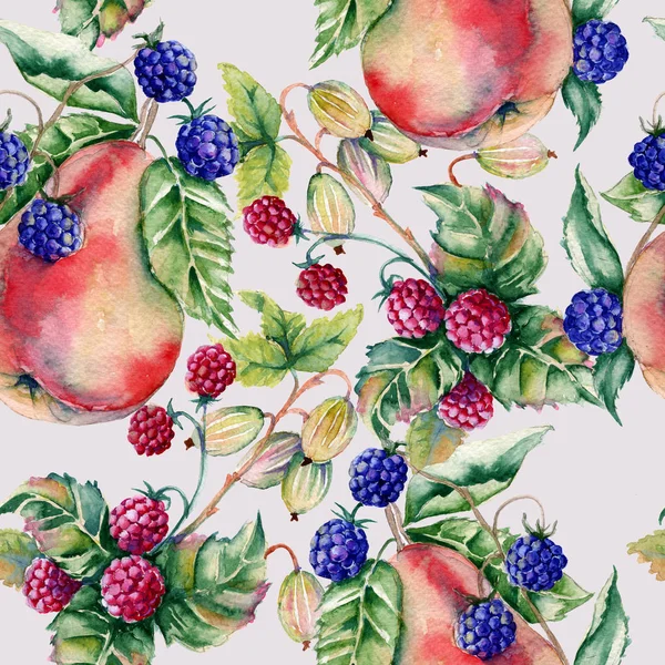 果実のラズベリー、ブラックベリー、グーズベリー、梨の背景。シームレス パターン. — ストック写真