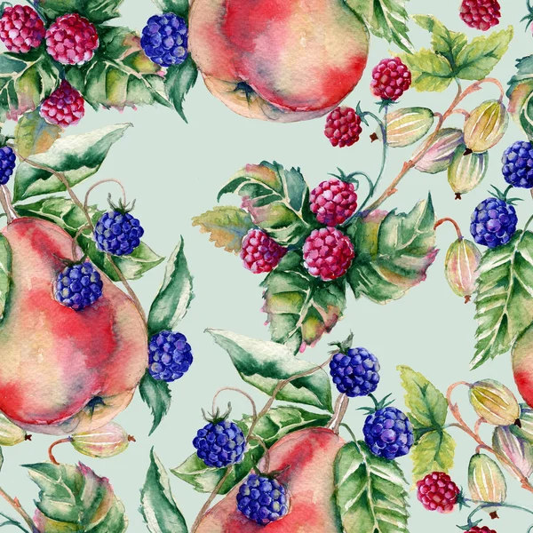 果実のラズベリー、ブラックベリー、グーズベリー、梨の背景。シームレス パターン. — ストック写真