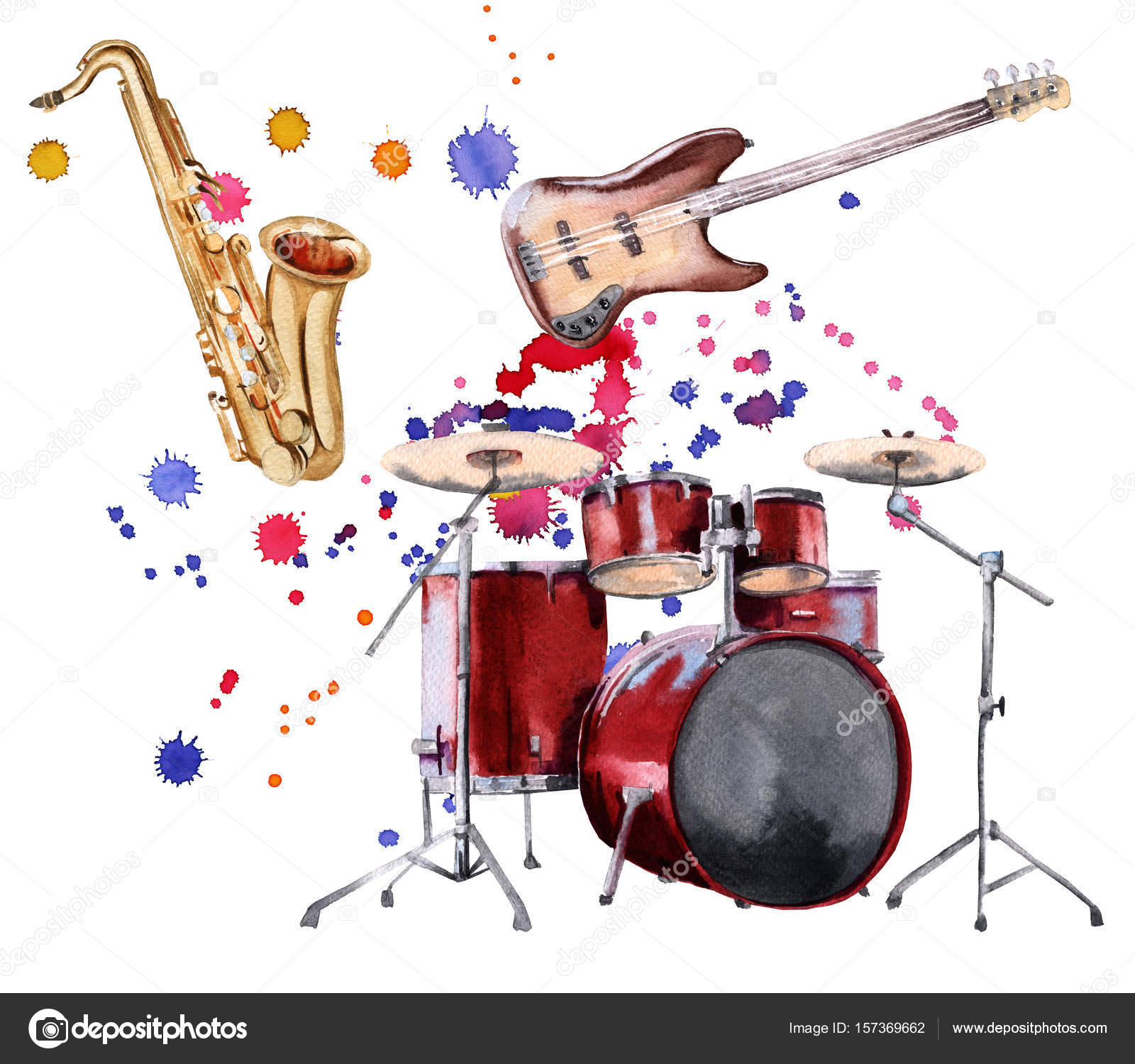 Musical instruments. Saxophone, guitar and drum. Isolated on white
