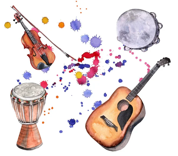 Musikinstrumente. Geige, Gitarre, Trommel und Tamburin. isoliert auf weißem Hintergrund. — Stockfoto
