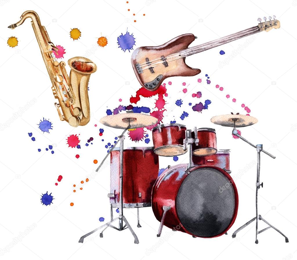 Musical instruments. Saxophone, guitar and drum. Isolated on white background. 