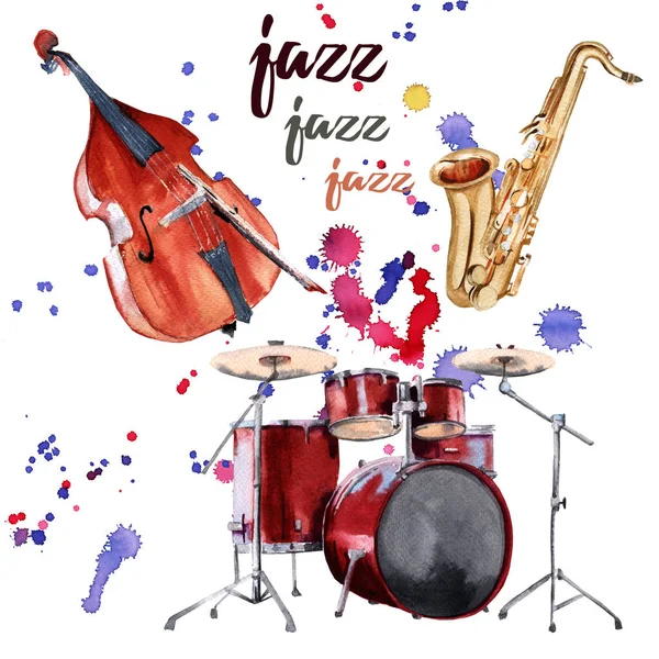Jazz instruments. Saxophone, piano, drums and double bass. Isolated on