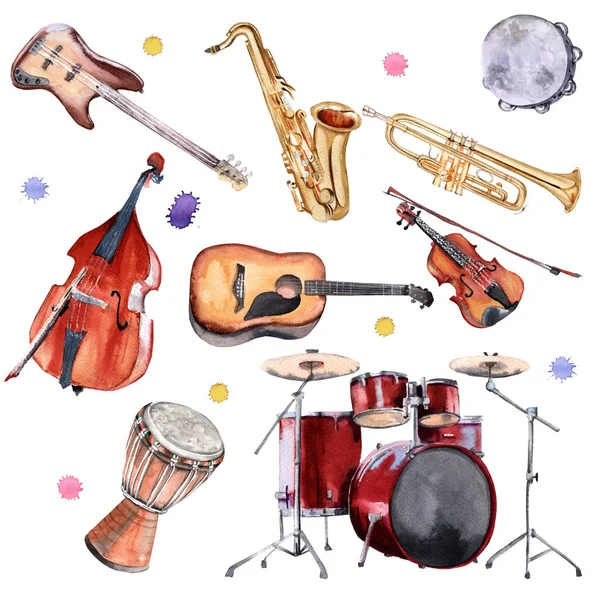 Hudební nástroje. Saxofon, bicí, kontrabas, kytara, housle a trubka. — Stock fotografie