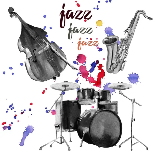 Jazz-instrumenten. Saxofoon, drums en de contrabas. Geïsoleerd op witte achtergrond. — Stockfoto