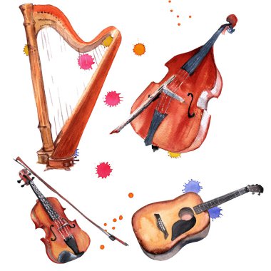 Müzik aletleri ayarlayın. ARP, keman, kontrbas ve gitar. Beyaz arka plan üzerinde izole.