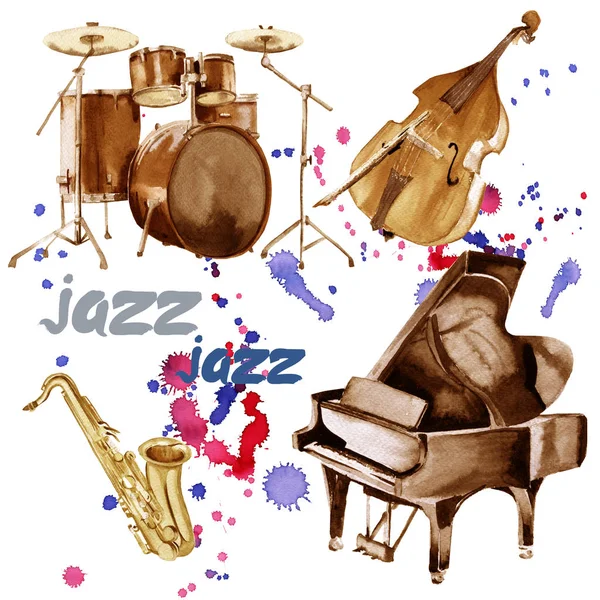 Jazzinstrumente. Saxophon, Klavier, Schlagzeug und Kontrabass. isoliert auf weißem Hintergrund. — Stockfoto