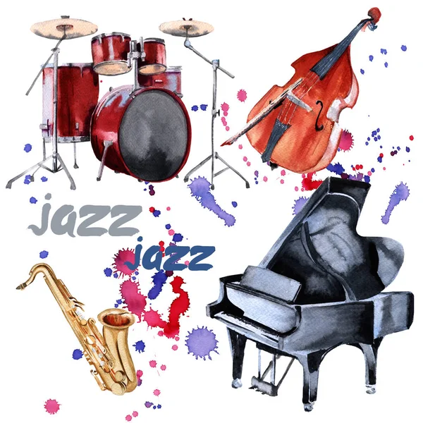 Jazz-instrumenten. Saxofoon, piano, slagwerk en contrabas. Geïsoleerd op witte achtergrond. — Stockfoto