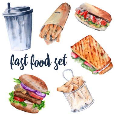Sıcak sandviç, hamburger, kızarmış patates, içecek, hot dog. Beyaz arka plan üzerinde izole. 